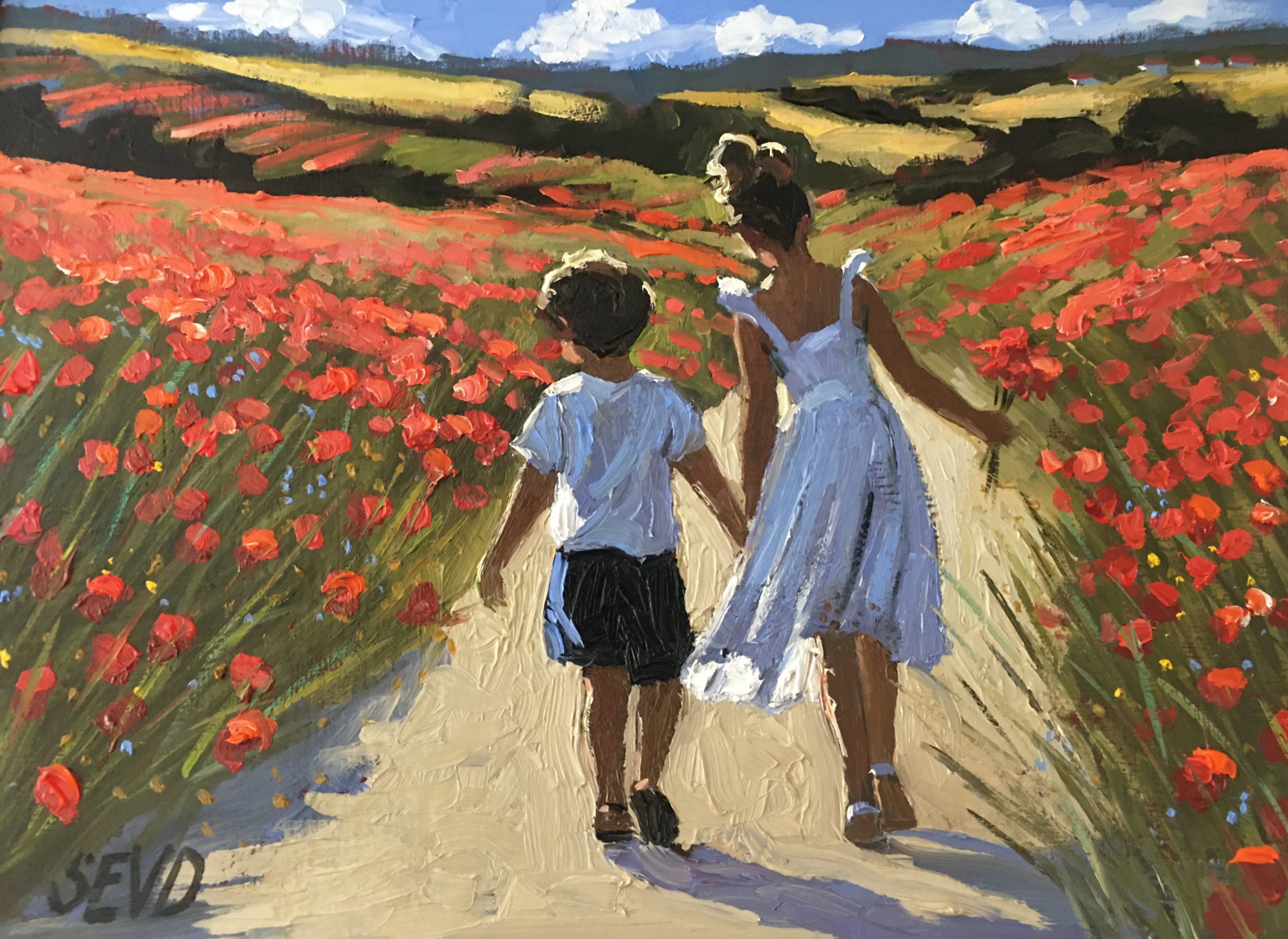 sherree valentine daines original oil painting of children in poppy field